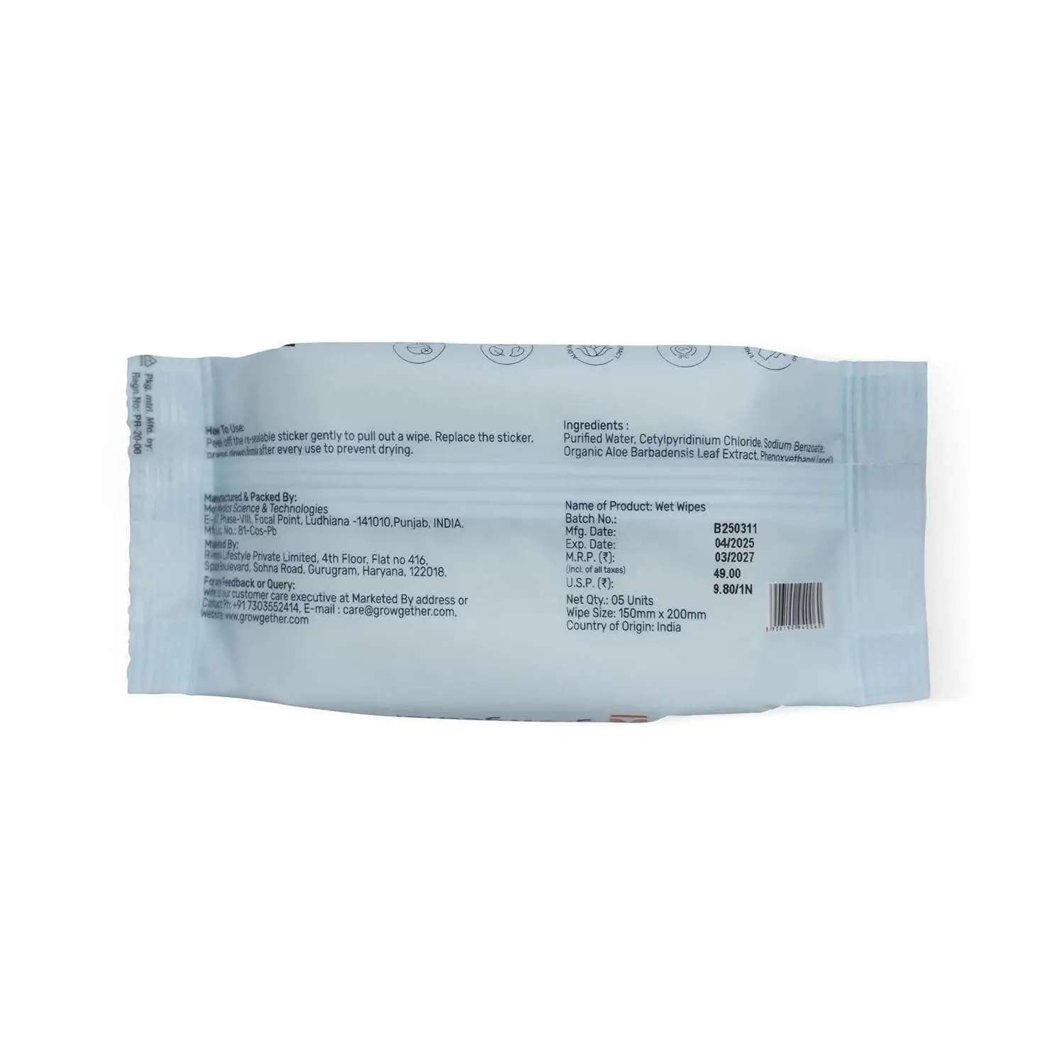 Growgether 99.9% Water Wipes (5 Wipes) Baby Care Travel Combo | Travel Friendly Sample Kit | Gentle Baby Essentials for Parents - Pack of 5 view 4
