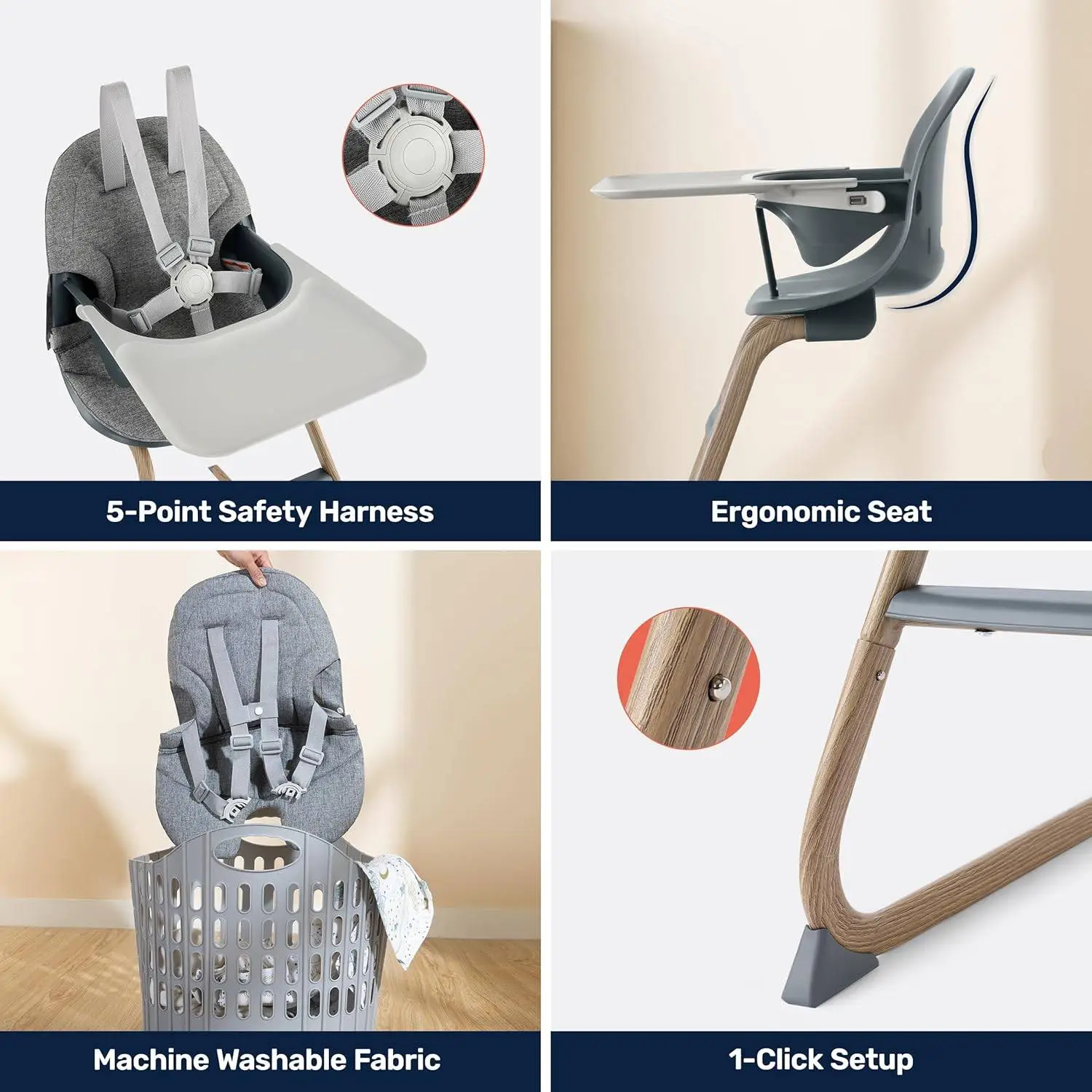 Growgether Gravity Ergonomic High Chair for Baby with 5-Point Safety Harness & Removable Food Tray | Easy to Clean with 1-Click Installation Safety Certified (6 Months-5 Years) 1 Year Warranty view 4