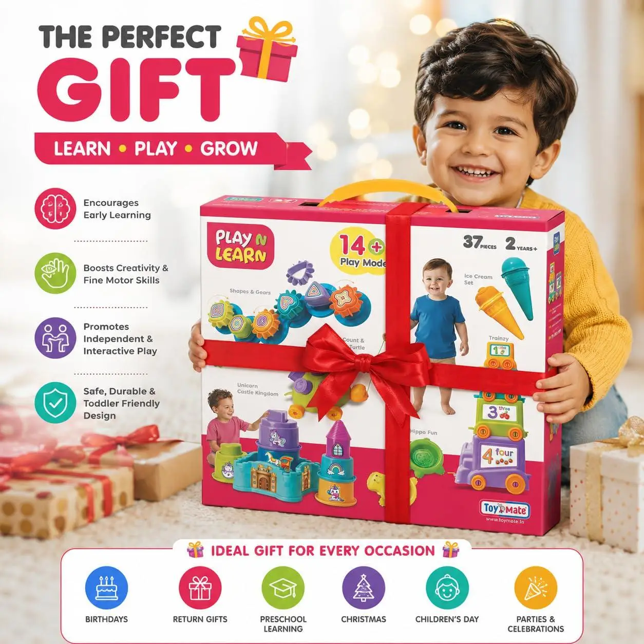 Toymate Play N Learn 14-in-1 Gift Set for Kids 2+ Years Learning & Activity Kit | Shape Sorter, Stacking Castle, Pull Along Turtle, Alphabet Train, Ice Cream Set |Toy for Toddlers view 9