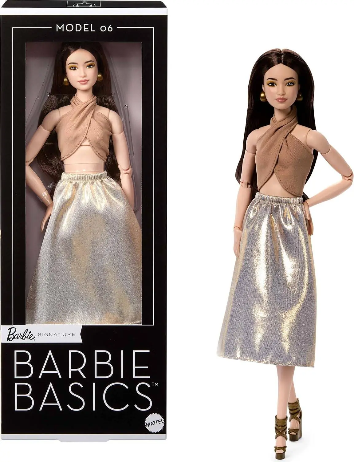 Barbie Basics Model Collector Fashion Doll 06 with Brunette Hair, Shimmery Golden Skirt & Halter, Universal-fit Fashions, Posable Body | Shimmery Golden Skirt & Halter, Universal-fit Fashions, Posable Body