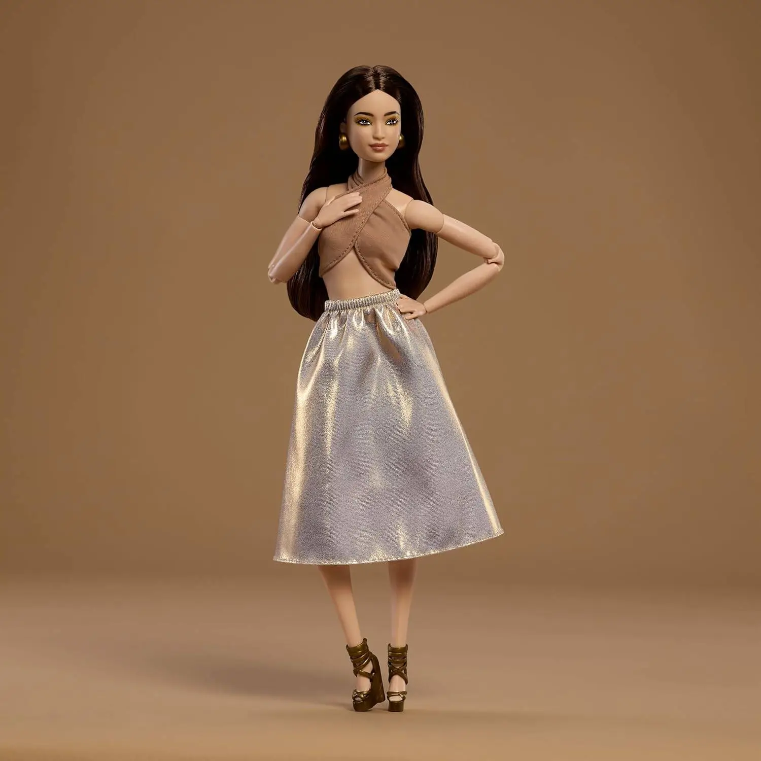 Barbie Basics Model Collector Fashion Doll 06 with Brunette Hair, Shimmery Golden Skirt & Halter, Universal-fit Fashions, Posable Body | Shimmery Golden Skirt & Halter, Universal-fit Fashions, Posable Body view 2