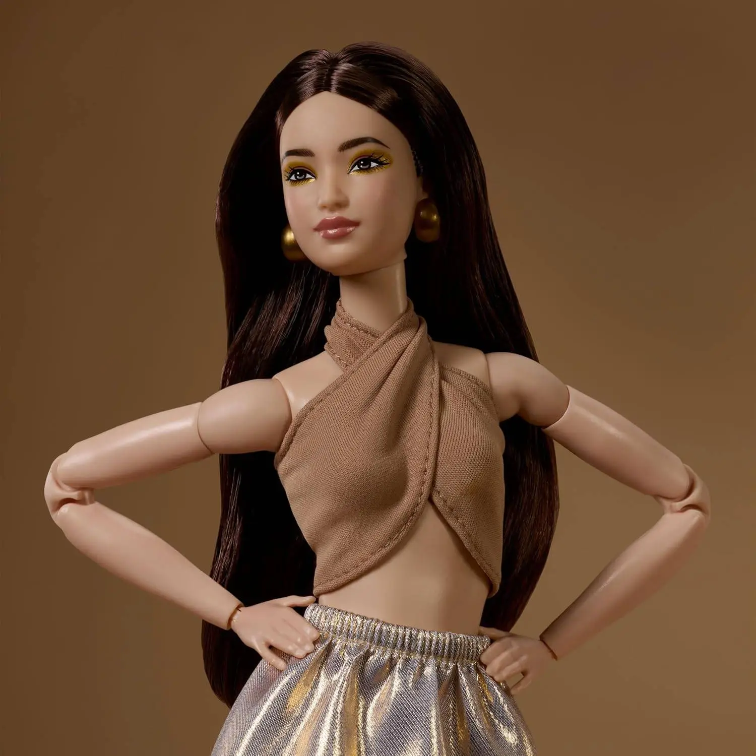 Barbie Basics Model Collector Fashion Doll 06 with Brunette Hair, Shimmery Golden Skirt & Halter, Universal-fit Fashions, Posable Body | Shimmery Golden Skirt & Halter, Universal-fit Fashions, Posable Body view 3