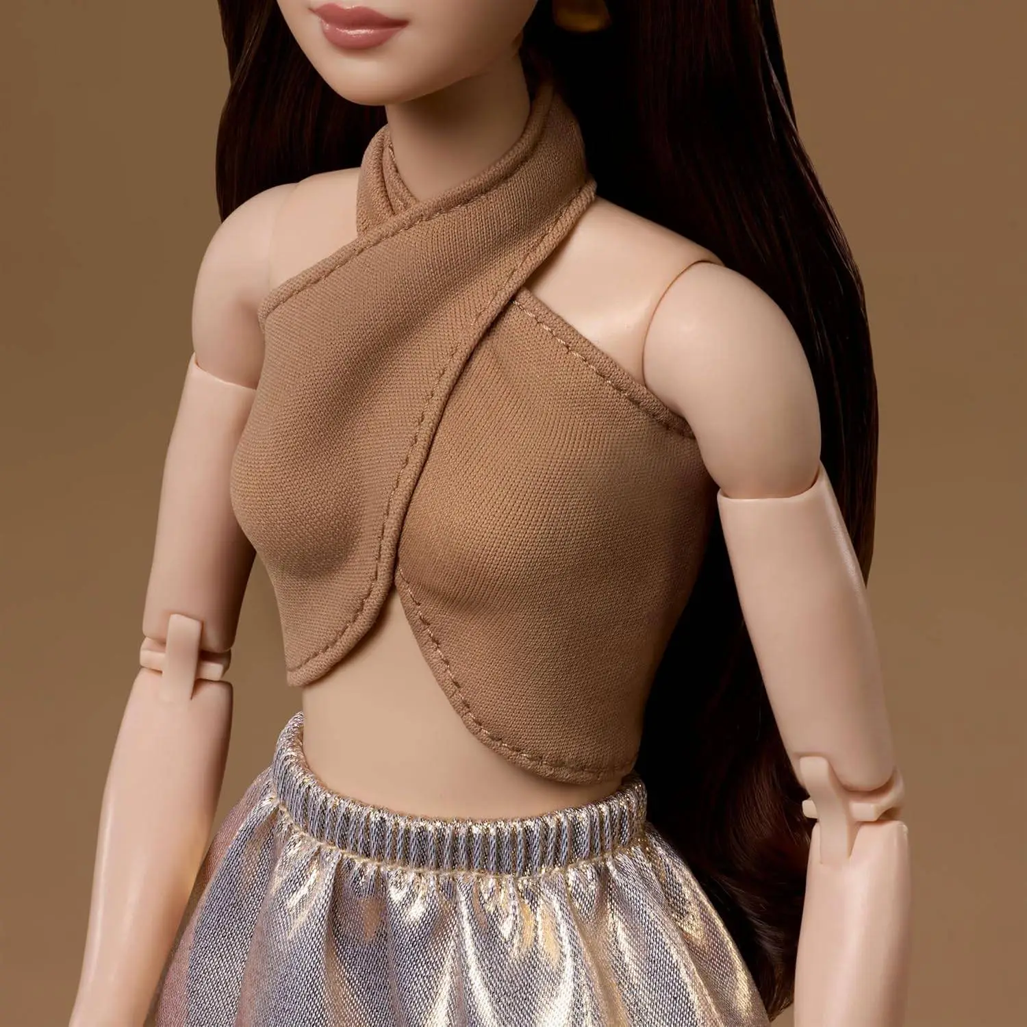 Barbie Basics Model Collector Fashion Doll 06 with Brunette Hair, Shimmery Golden Skirt & Halter, Universal-fit Fashions, Posable Body | Shimmery Golden Skirt & Halter, Universal-fit Fashions, Posable Body view 4