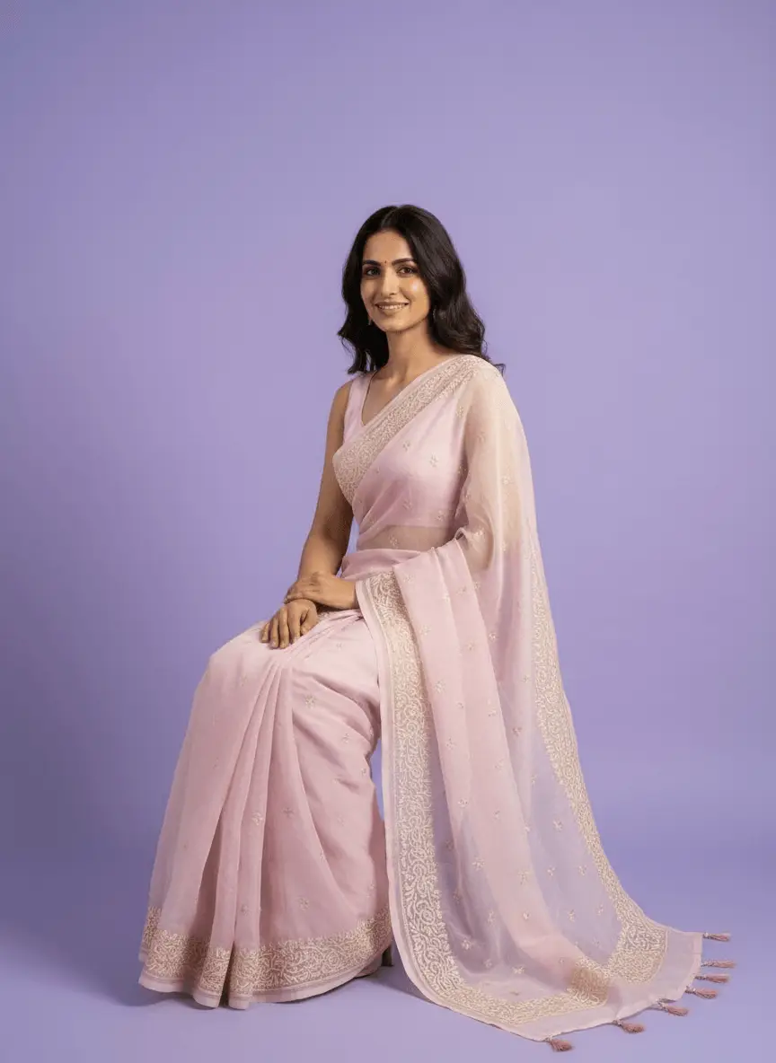 Chikan Embroidered Pink Saree view 2