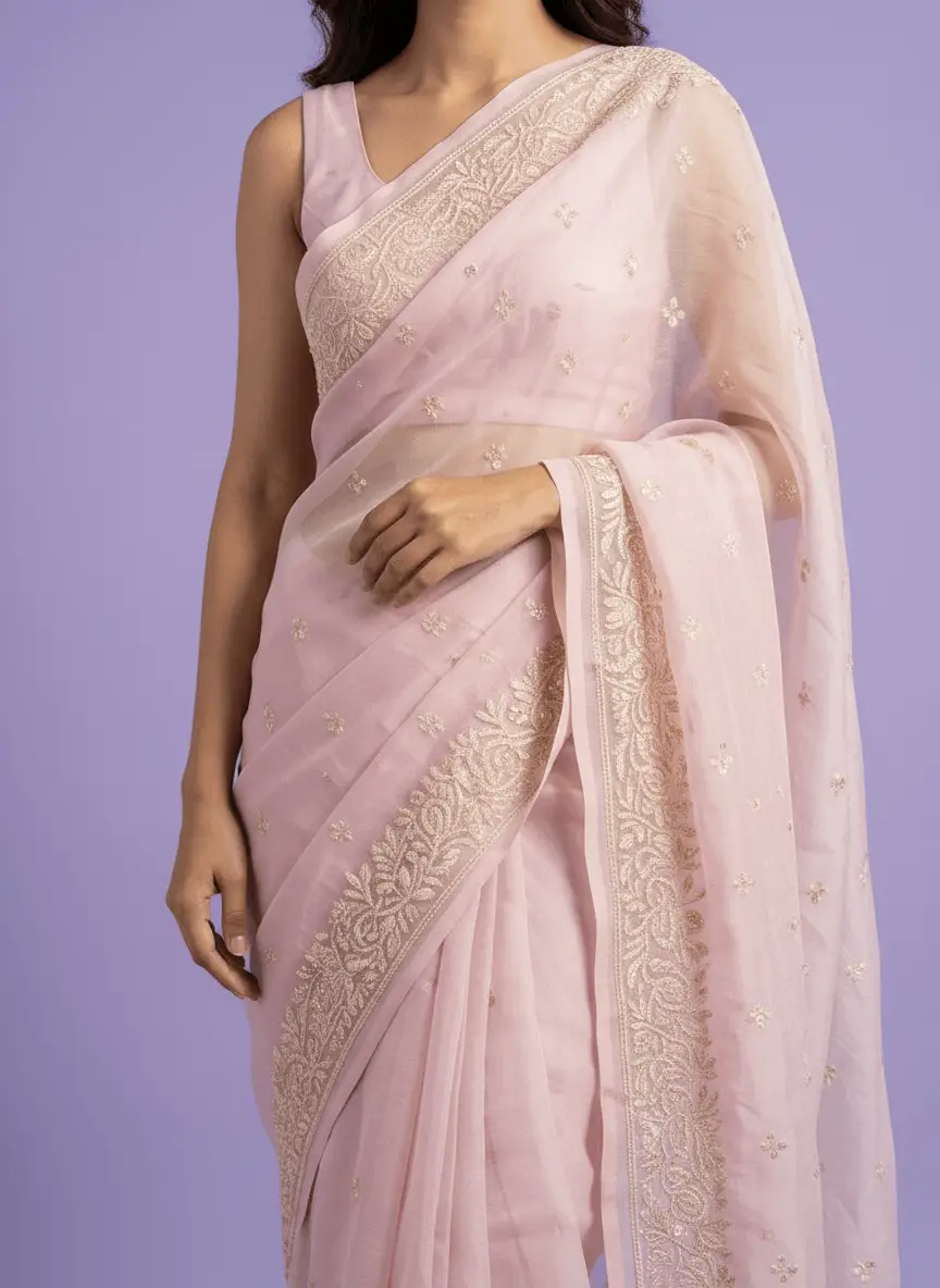 Chikan Embroidered Pink Saree view 4