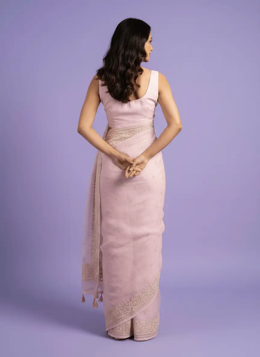 Chikan Embroidered Pink Saree view 5