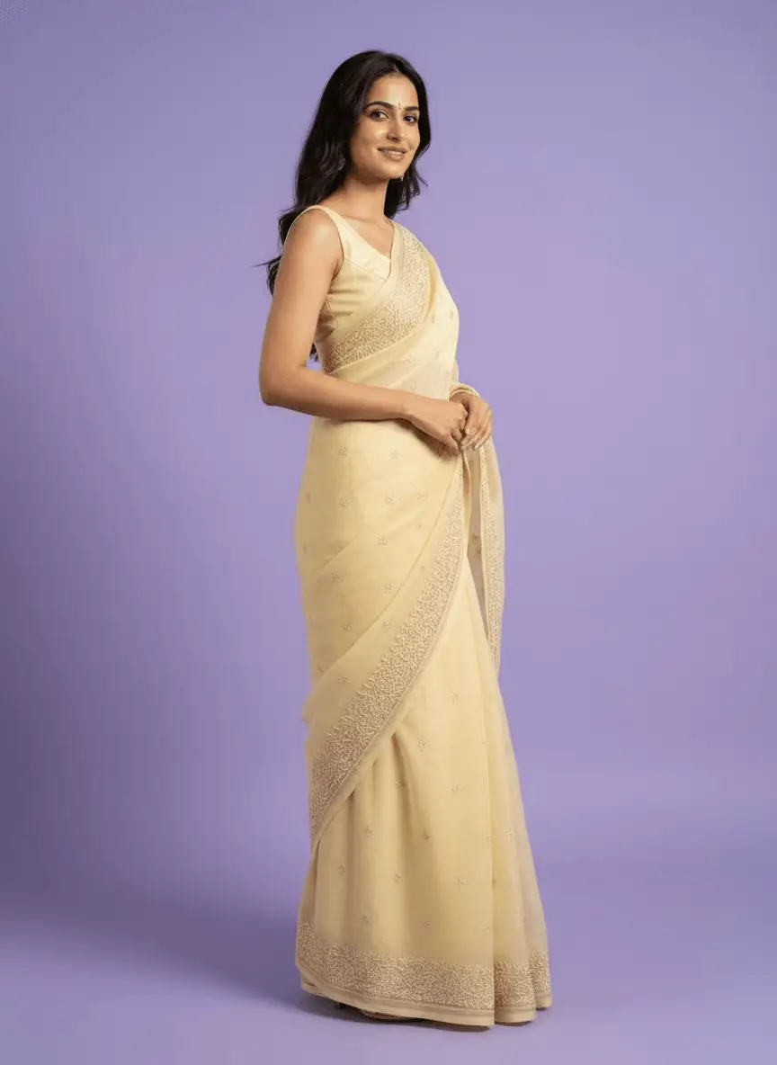 Chikan Embroidered Yellow Saree view 2