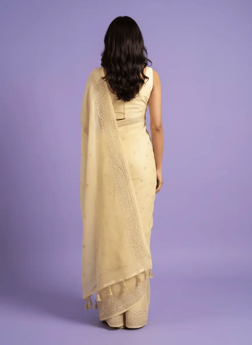 Chikan Embroidered Yellow Saree view 3