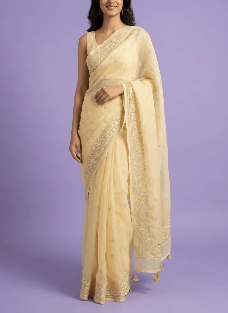 Chikan Embroidered Yellow Saree view 4