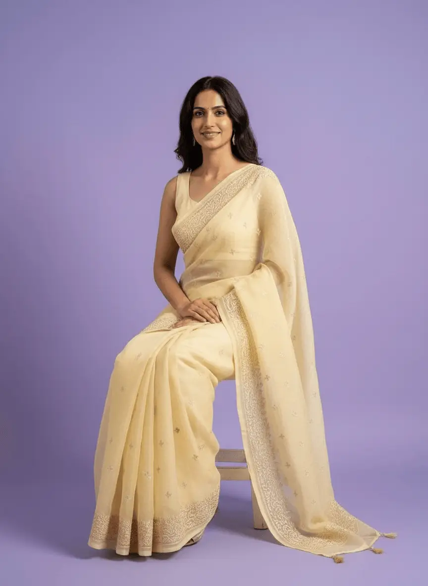 Chikan Embroidered Yellow Saree view 5