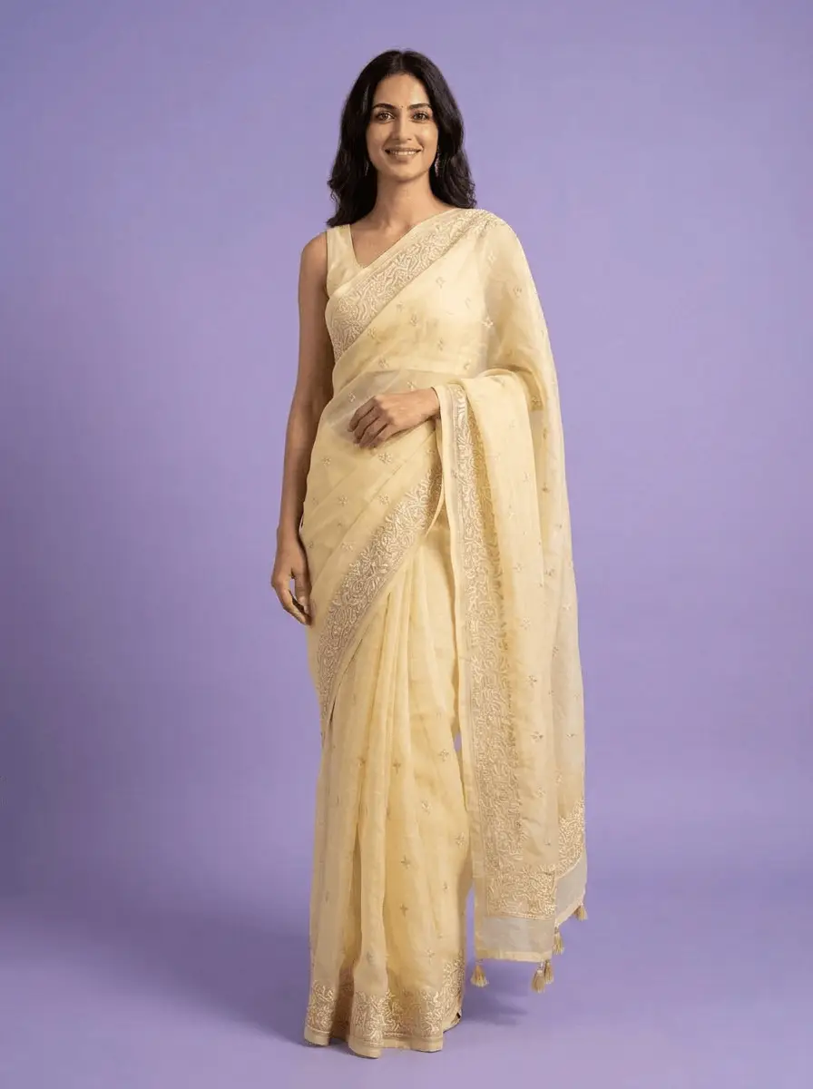 Chikan Embroidered Yellow Saree view 6