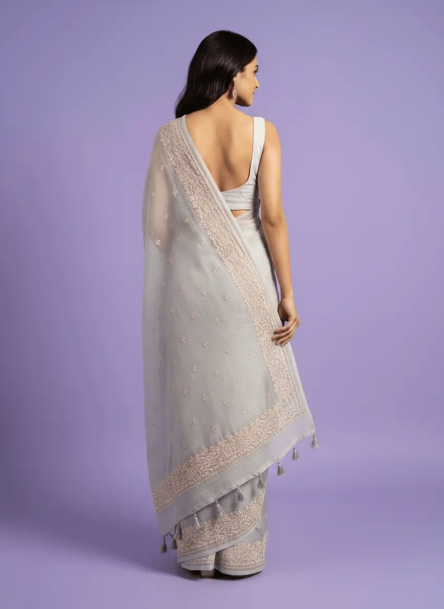 Chikan Embroidered Grey Saree view 2
