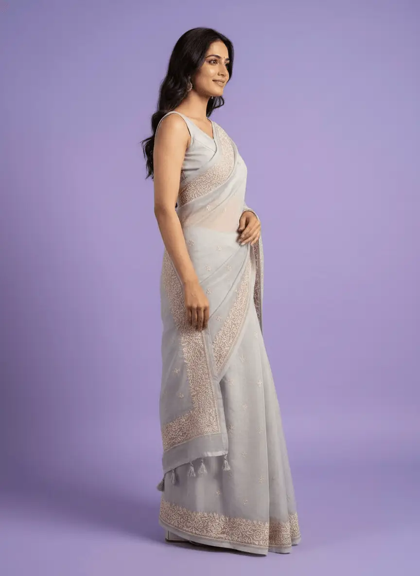 Chikan Embroidered Grey Saree view 3