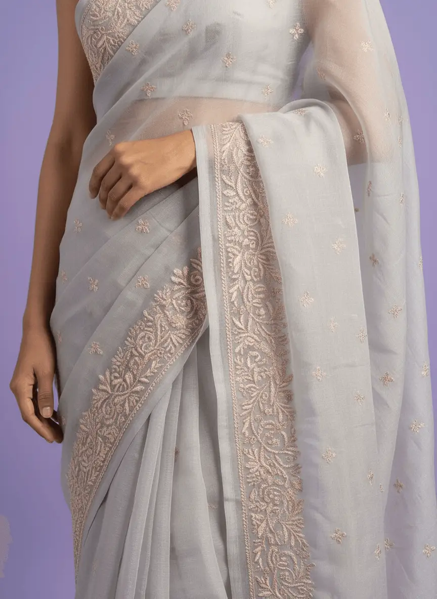Chikan Embroidered Grey Saree view 4