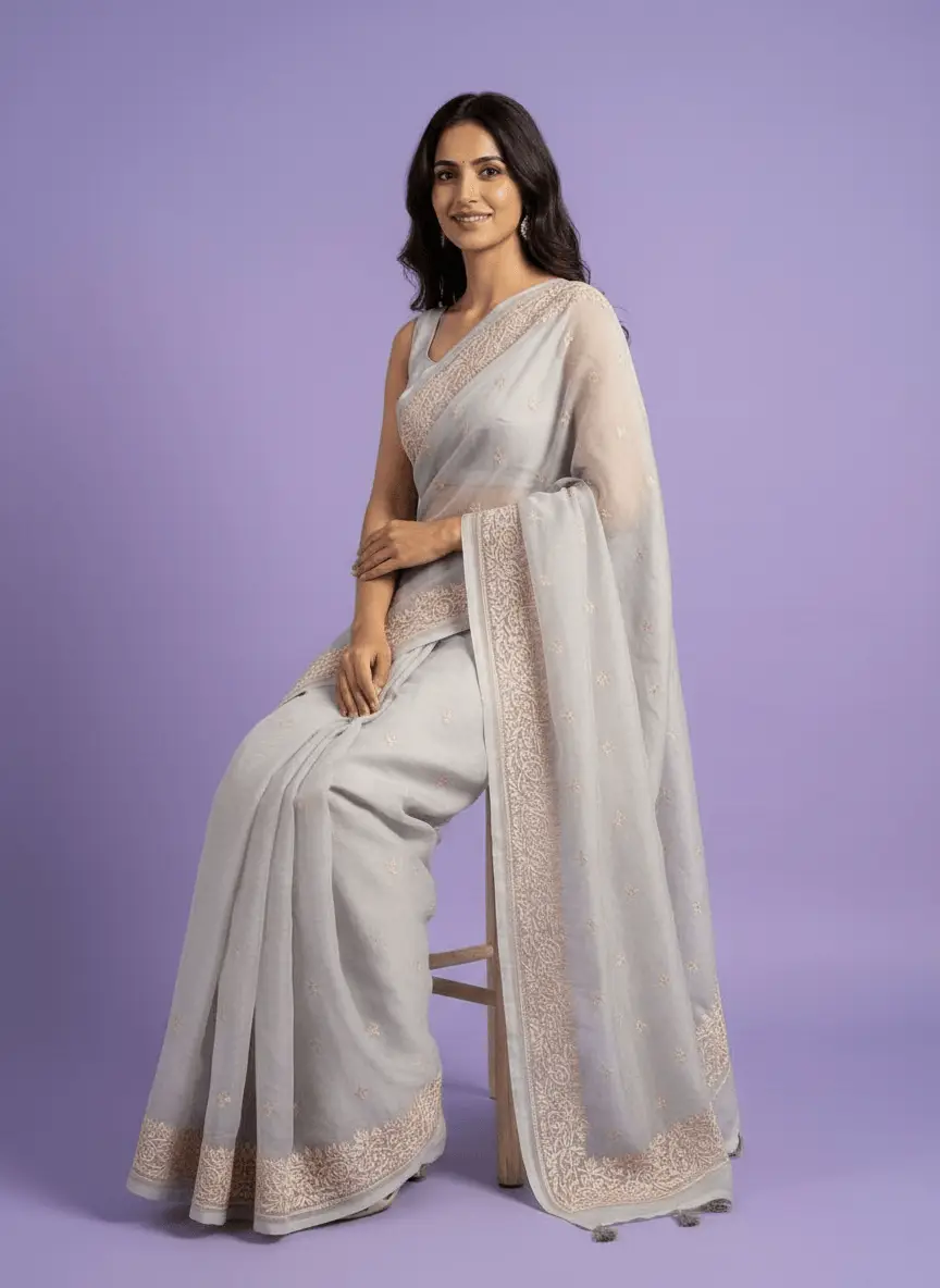 Chikan Embroidered Grey Saree view 5