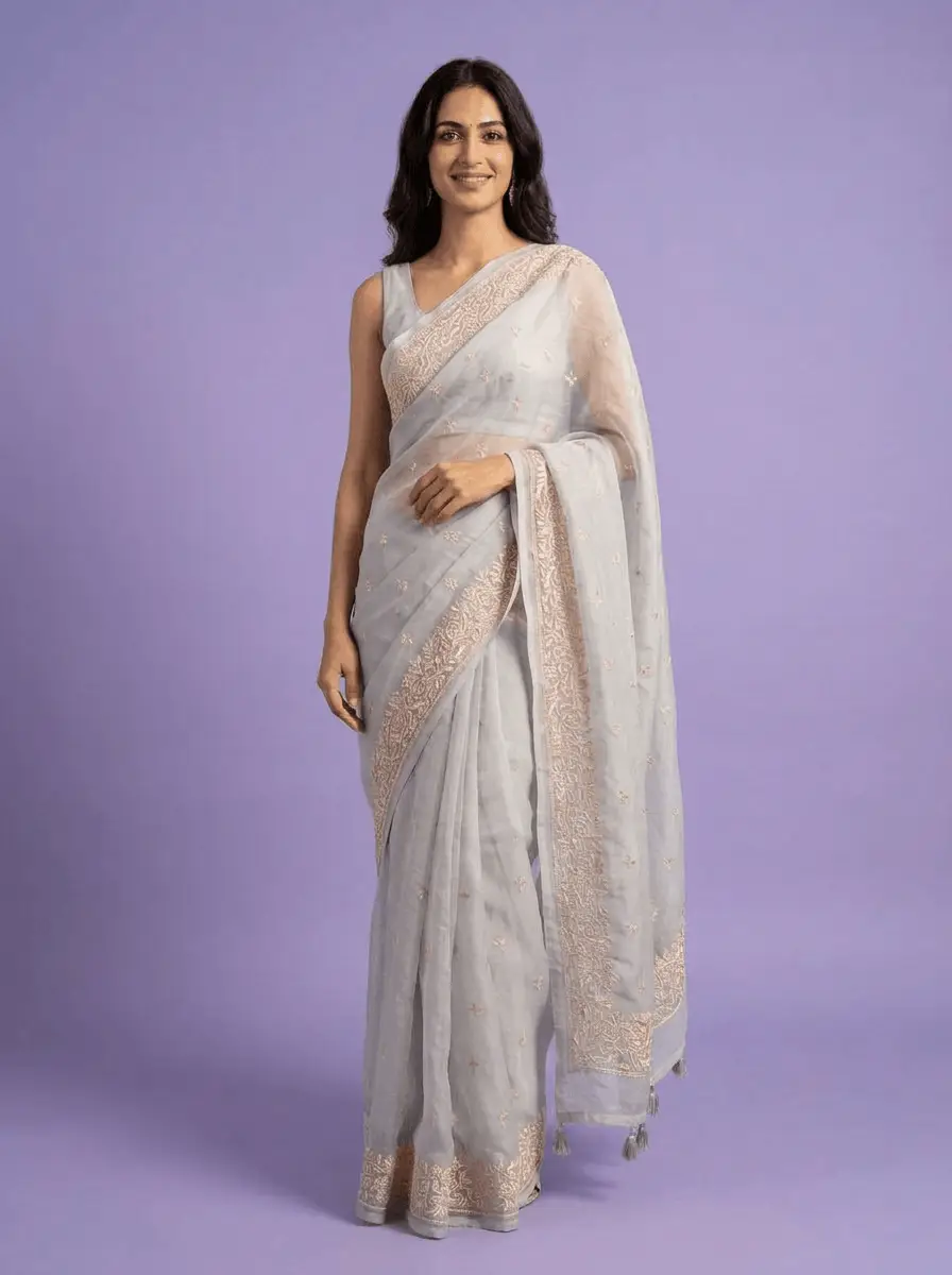 Chikan Embroidered Grey Saree view 6