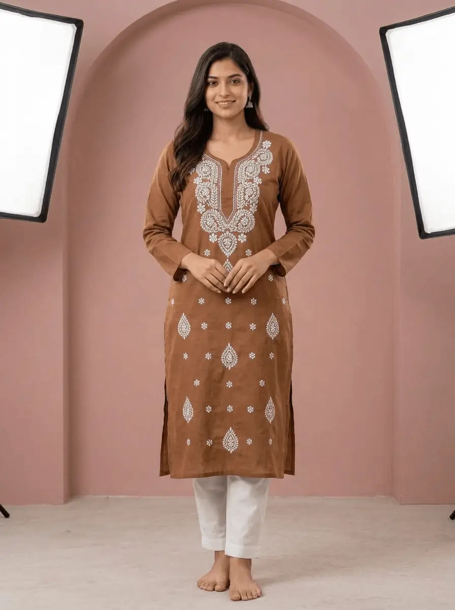 LCF Chikan Embroidered Kurti - Brown view 2