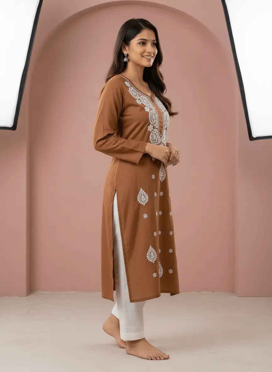 LCF Chikan Embroidered Kurti - Brown view 3