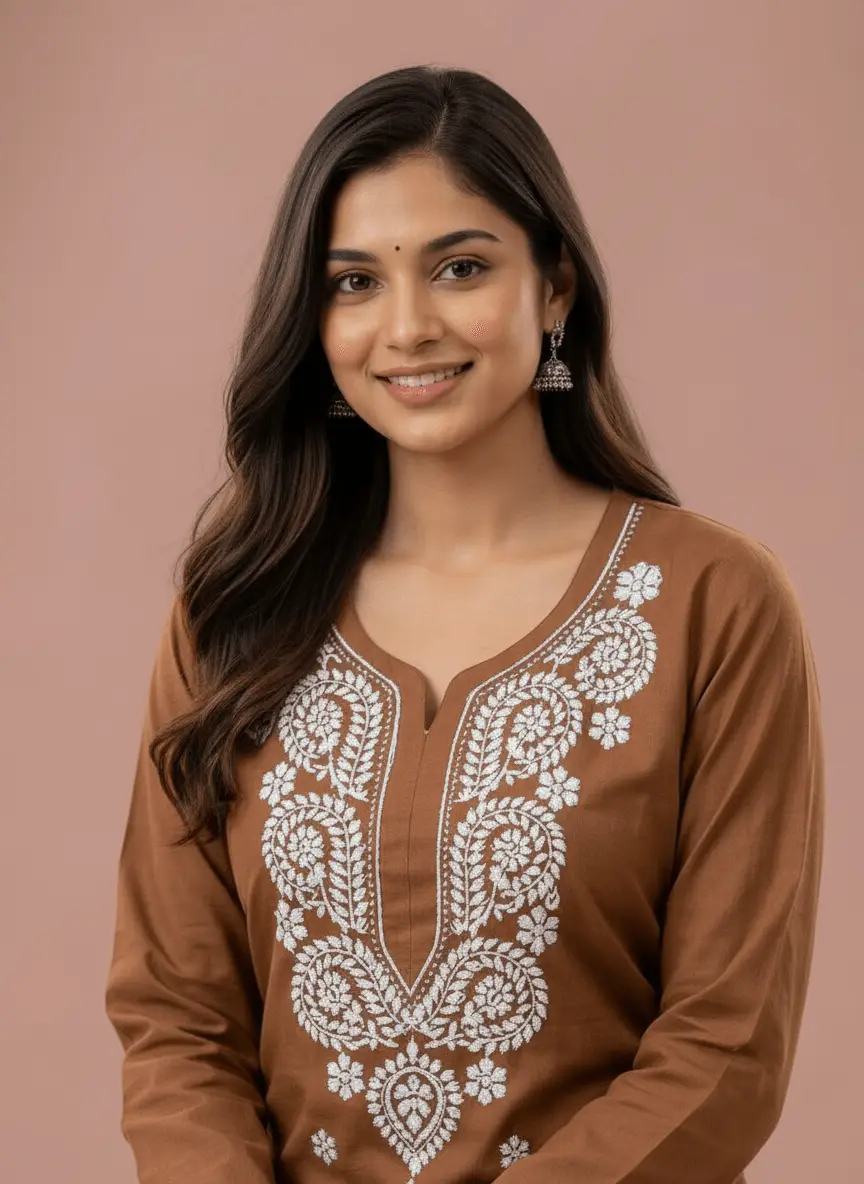 LCF Chikan Embroidered Kurti - Brown view 4