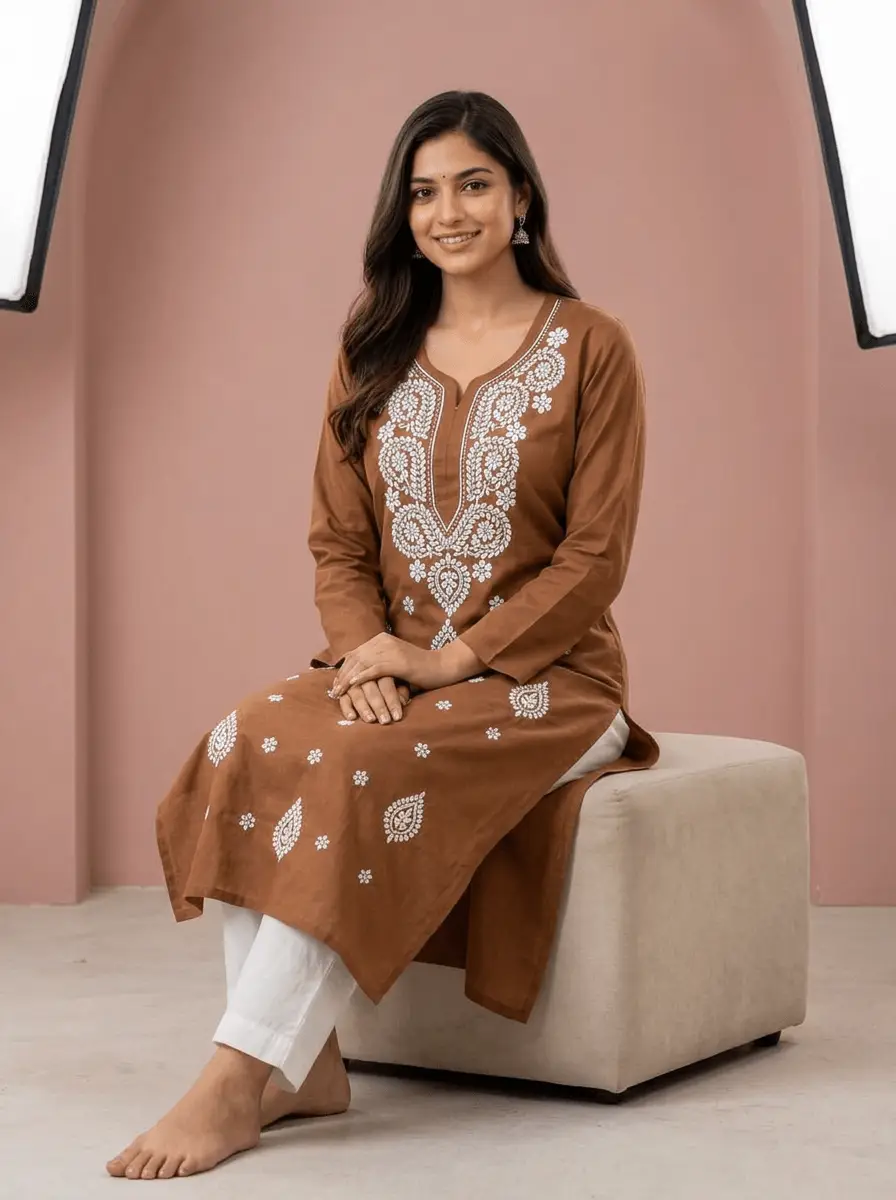 LCF Chikan Embroidered Kurti - Brown view 5