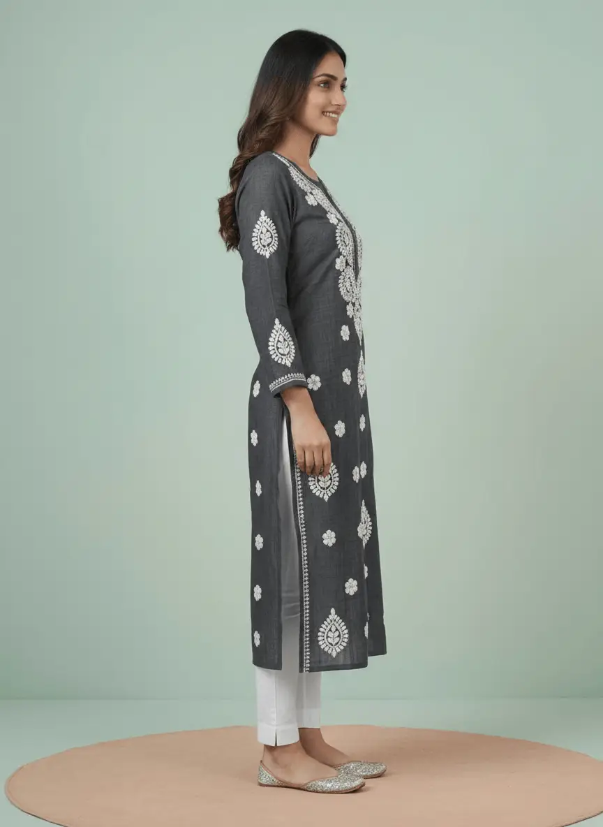 LCF Chikan Embroidered Kurti - Dark Grey view 2