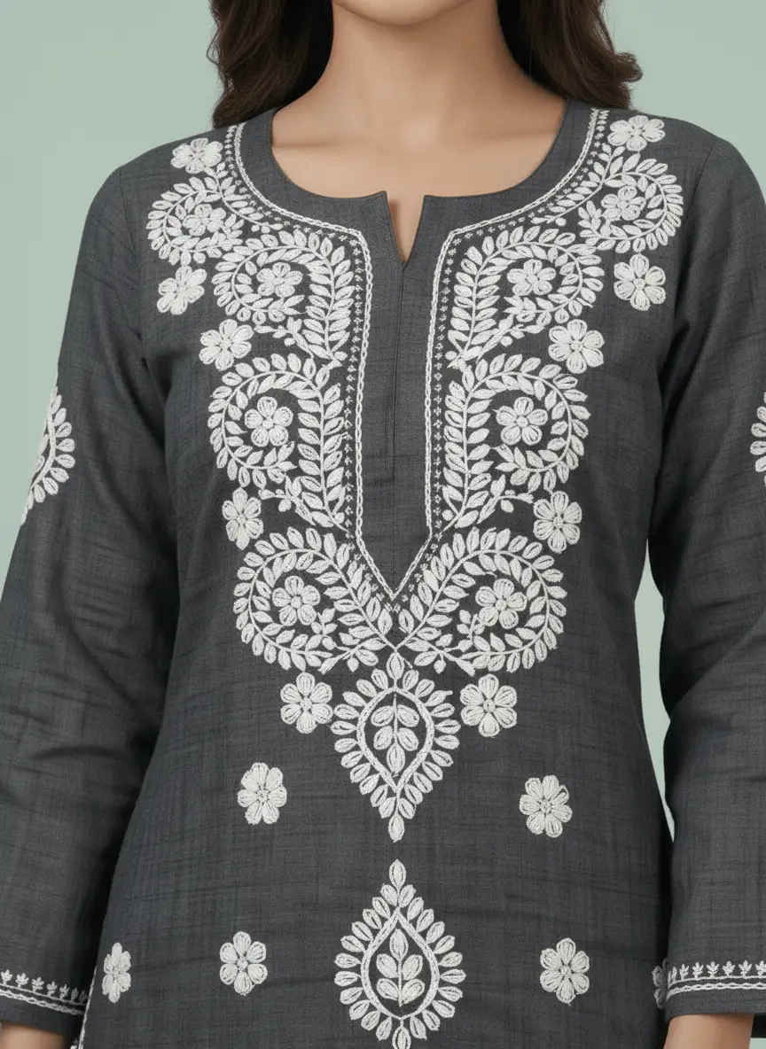 LCF Chikan Embroidered Kurti - Dark Grey view 3