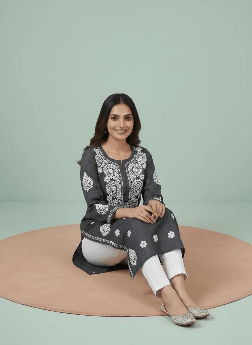 LCF Chikan Embroidered Kurti - Dark Grey view 4