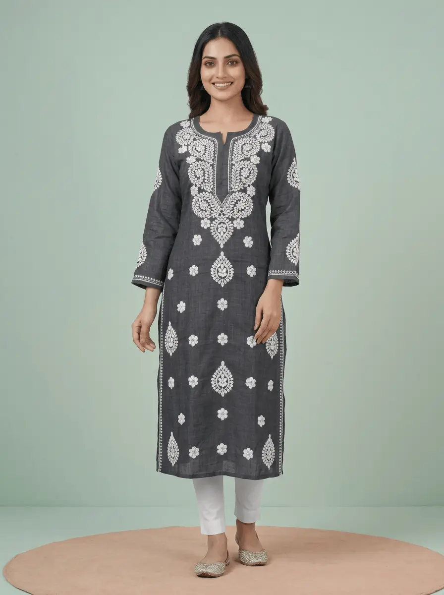 LCF Chikan Embroidered Kurti - Dark Grey view 5