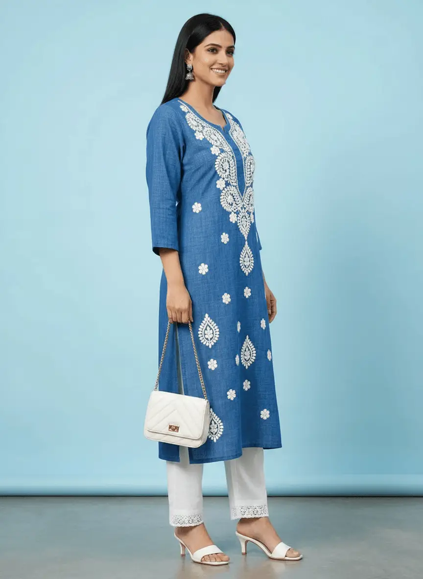 LCF Chikan Embroidered Kurti - Royal Blue view 3