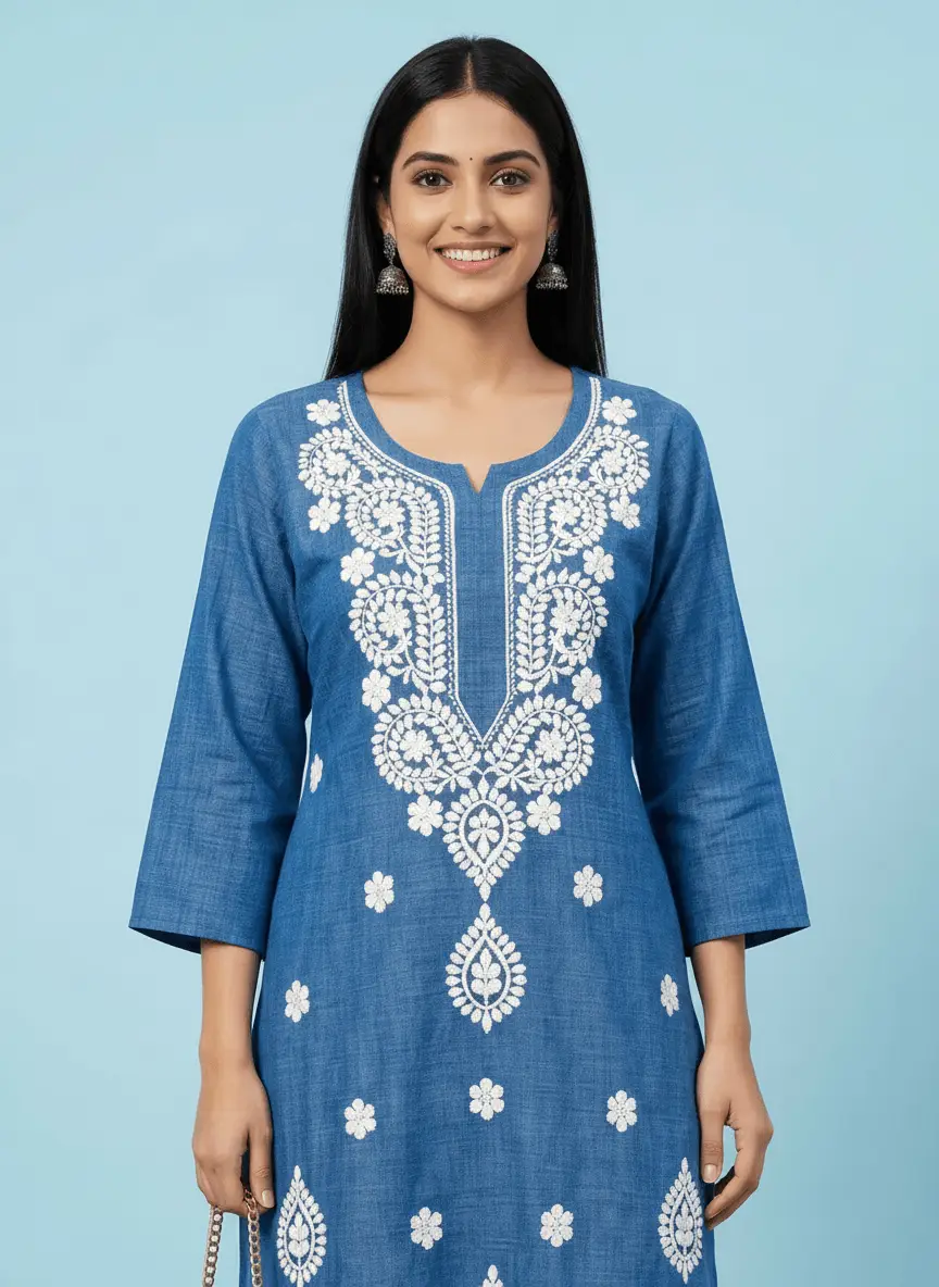 LCF Chikan Embroidered Kurti - Royal Blue view 4