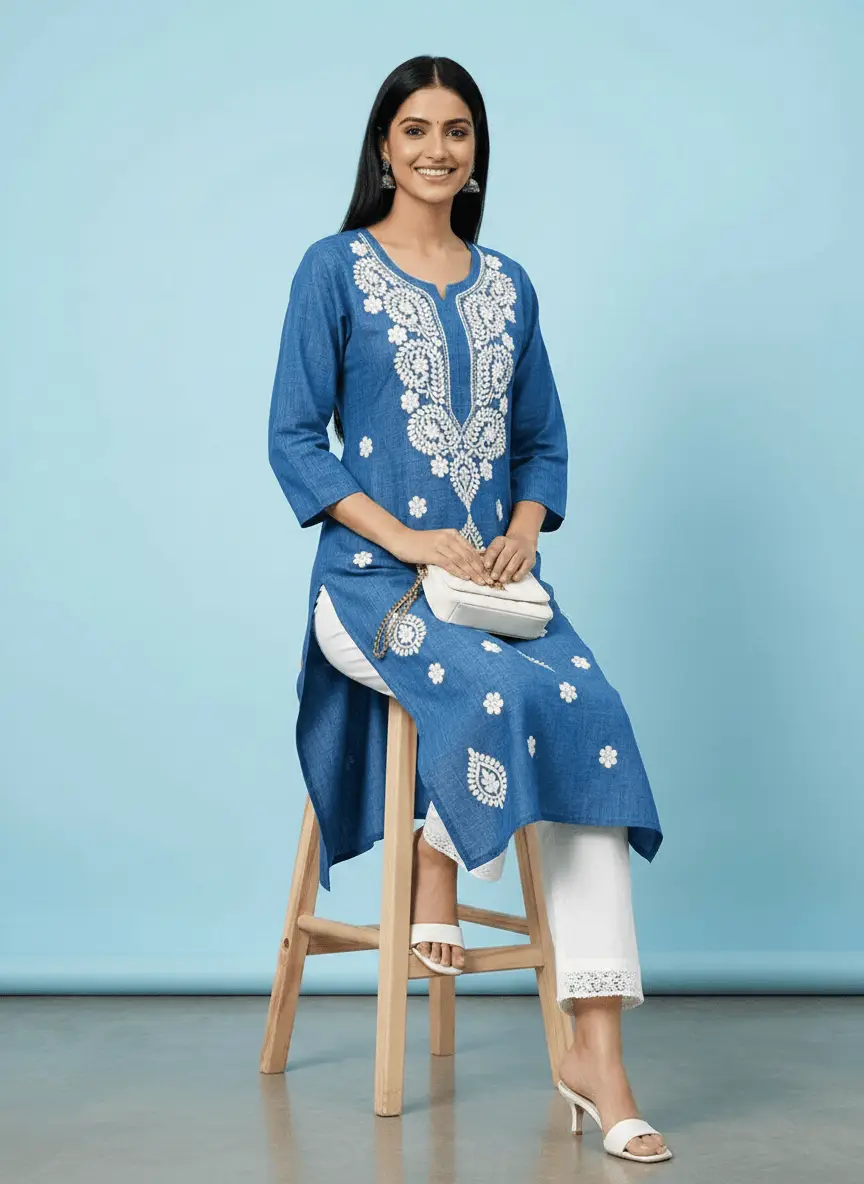 LCF Chikan Embroidered Kurti - Royal Blue view 5