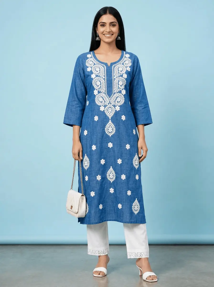 LCF Chikan Embroidered Kurti - Royal Blue view 2