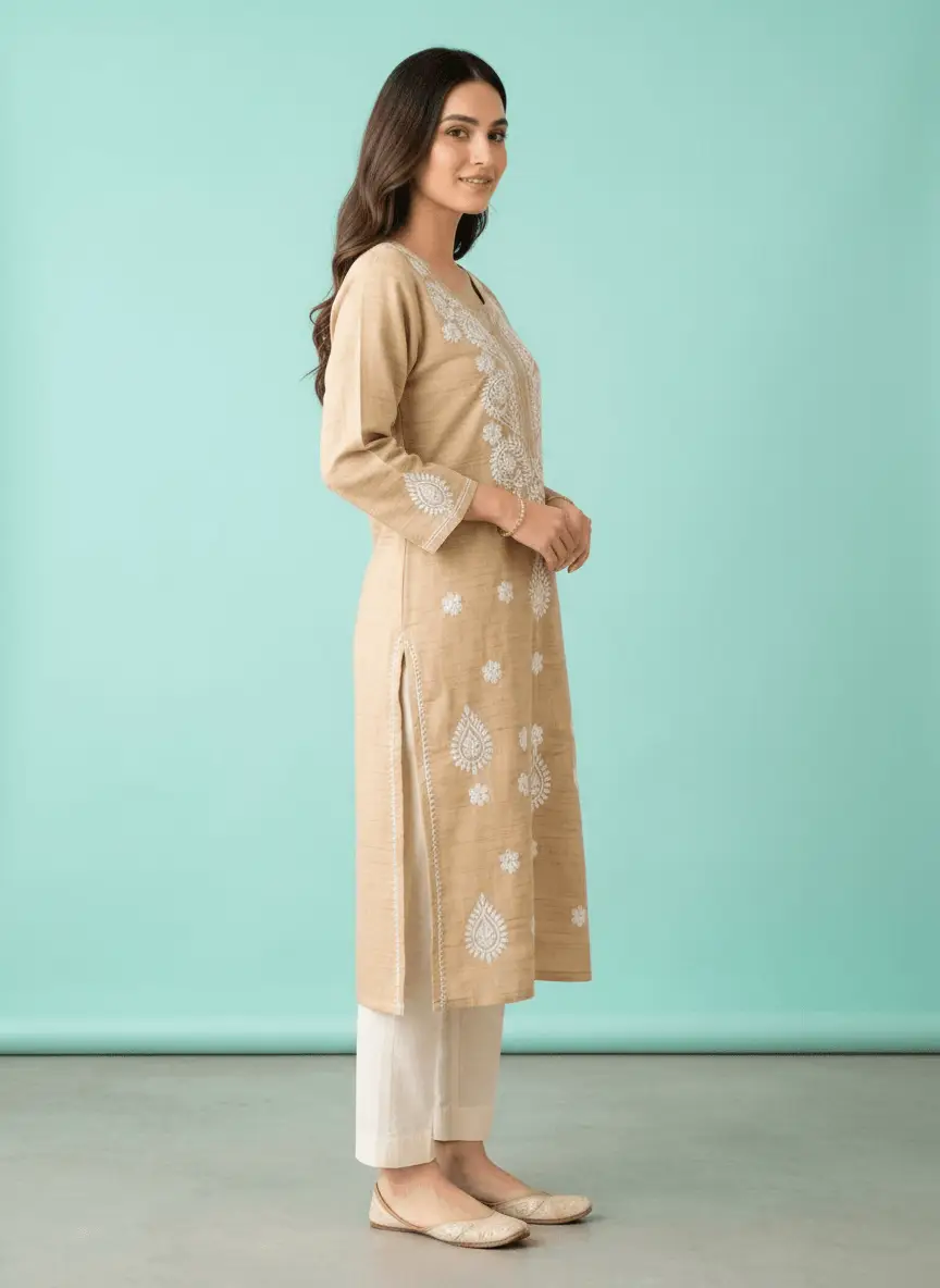 LCF Chikan Embroidered Kurti - Light Gold view 3