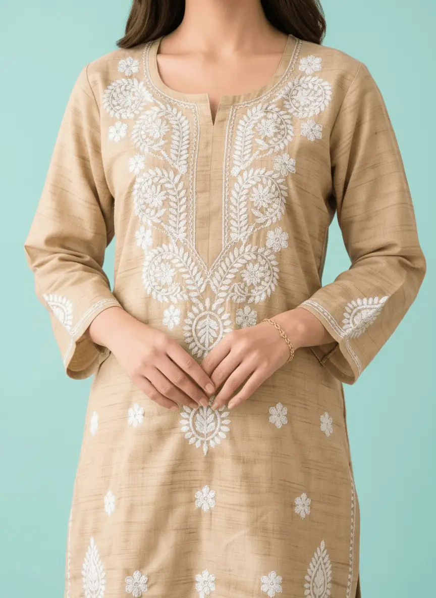LCF Chikan Embroidered Kurti - Light Gold view 4