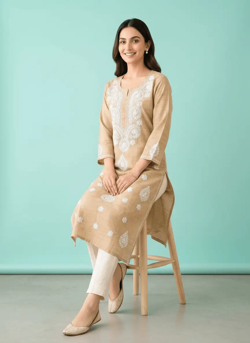 LCF Chikan Embroidered Kurti - Light Gold view 5