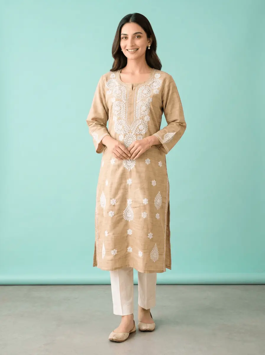 LCF Chikan Embroidered Kurti - Light Gold view 2