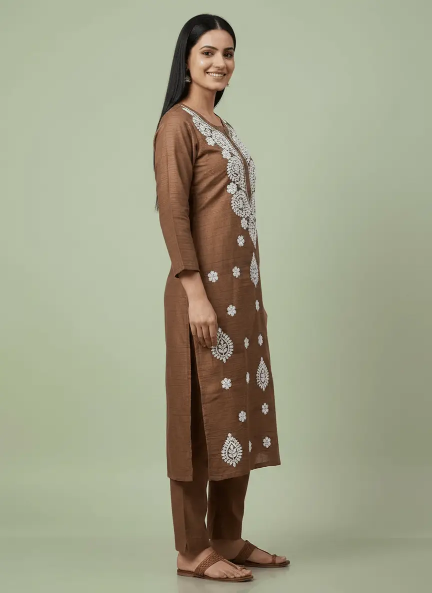 LCF Chikan Embroidered Kurti - Dark Brown view 3