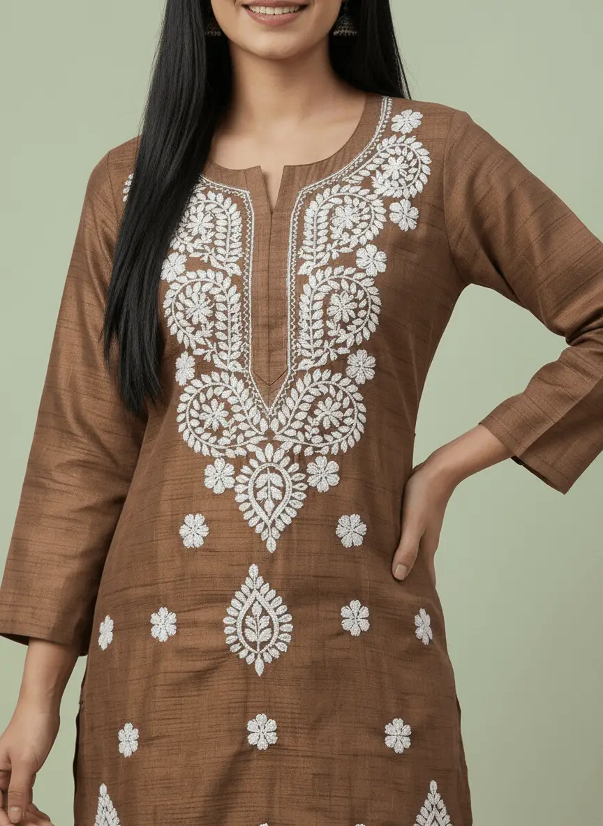LCF Chikan Embroidered Kurti - Dark Brown view 4