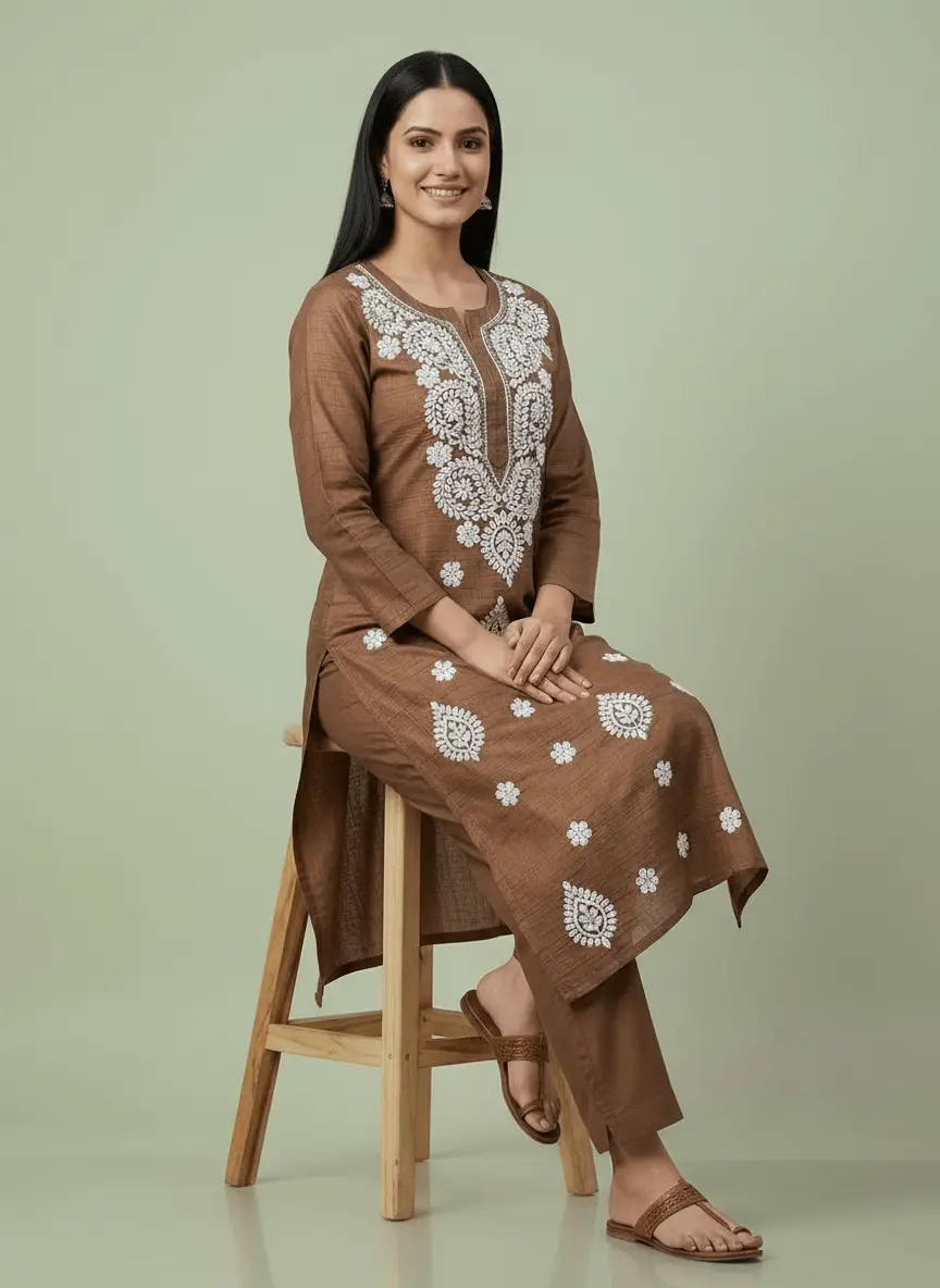 LCF Chikan Embroidered Kurti - Dark Brown view 5