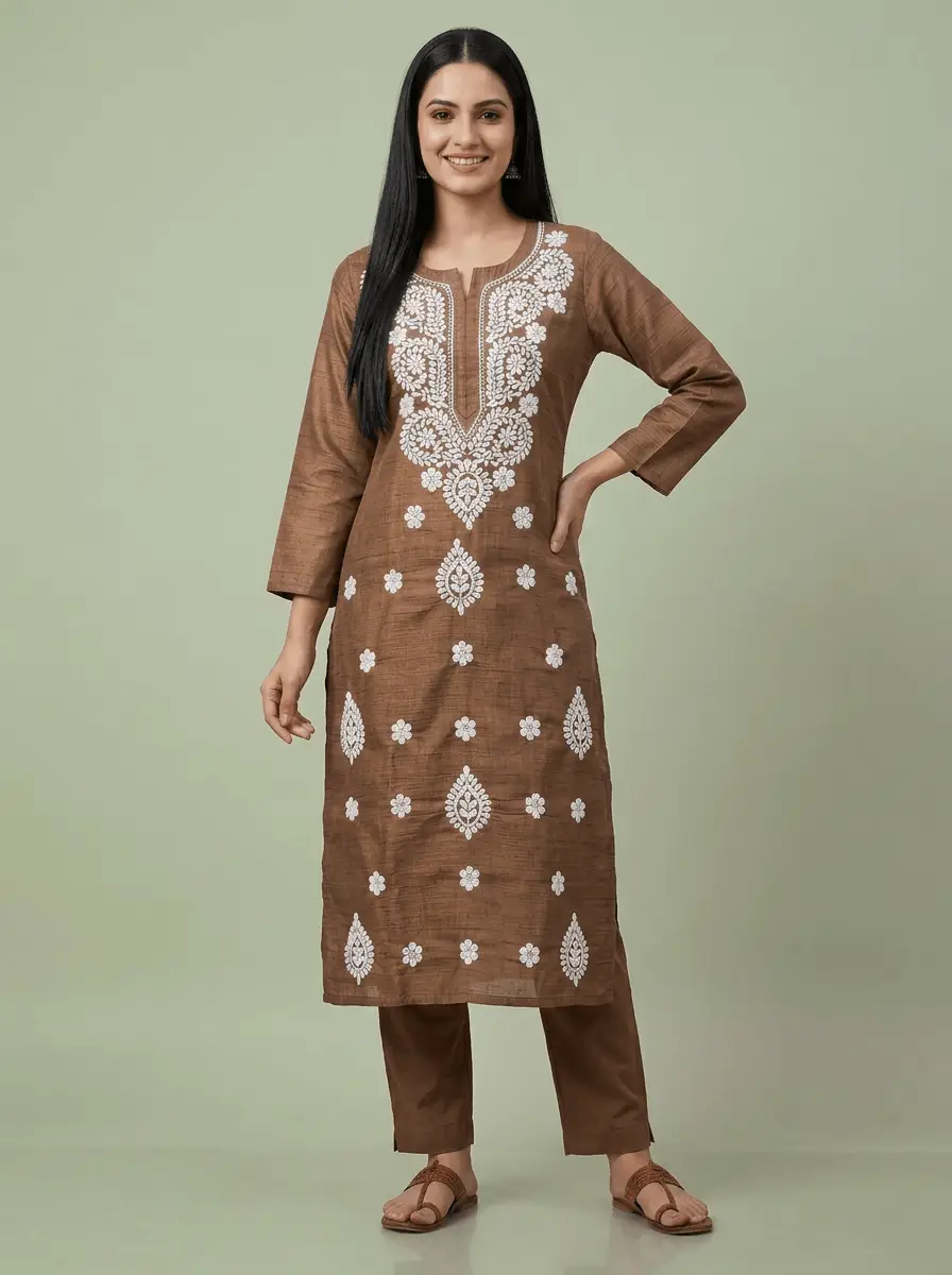 LCF Chikan Embroidered Kurti - Dark Brown view 2