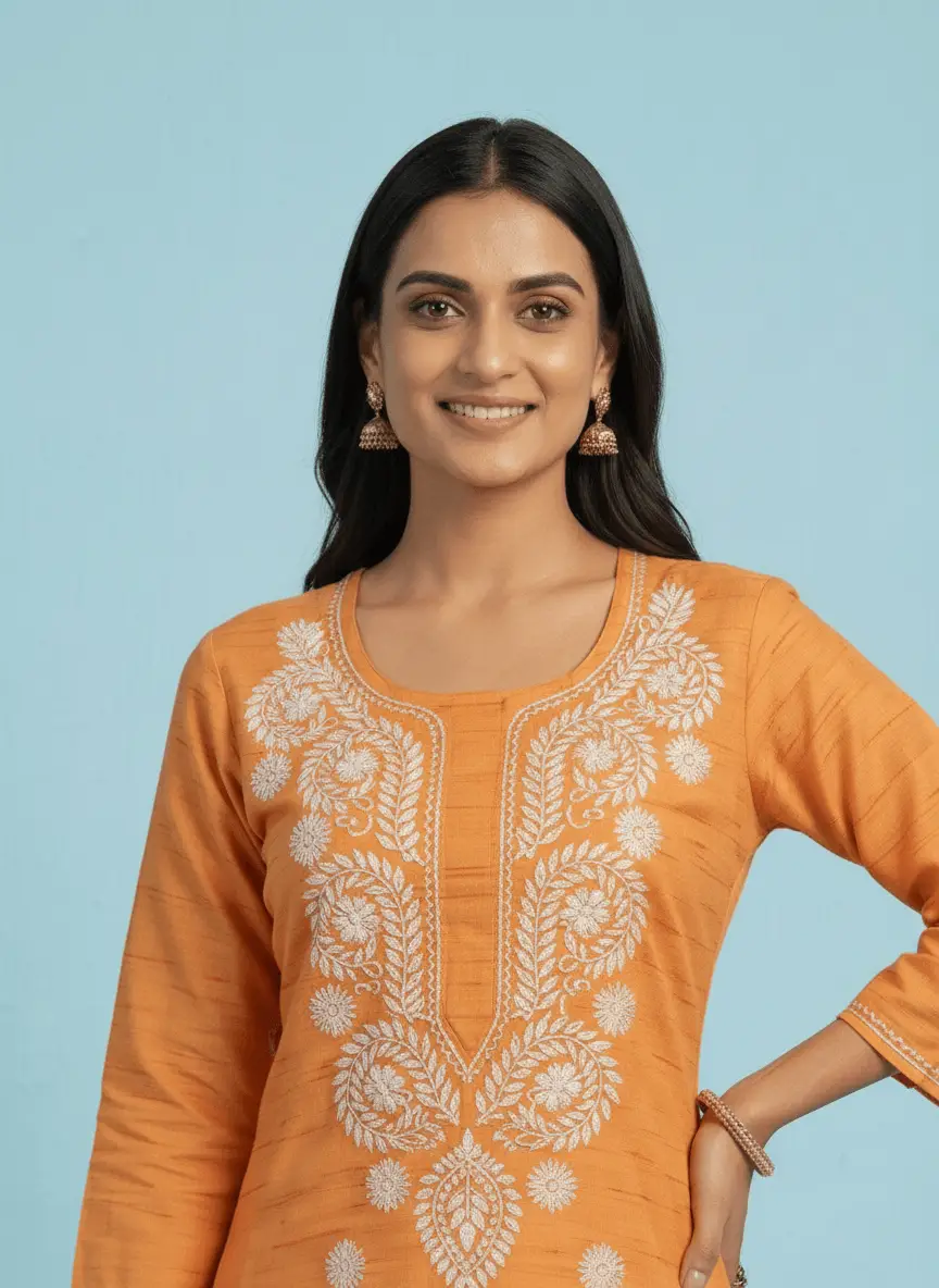 LCF Chikan Embroidered Kurti - Orange view 3