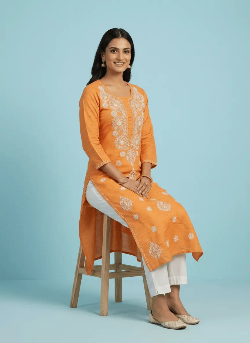 LCF Chikan Embroidered Kurti - Orange view 4