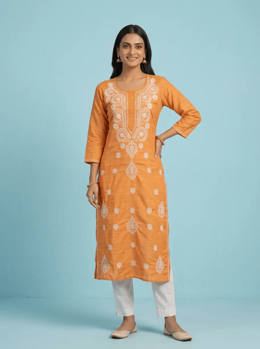 LCF Chikan Embroidered Kurti - Orange view 5