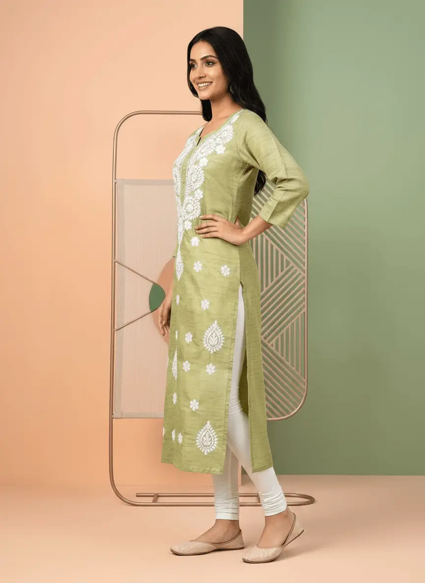 LCF Chikan Embroidered Kurti - Green view 2