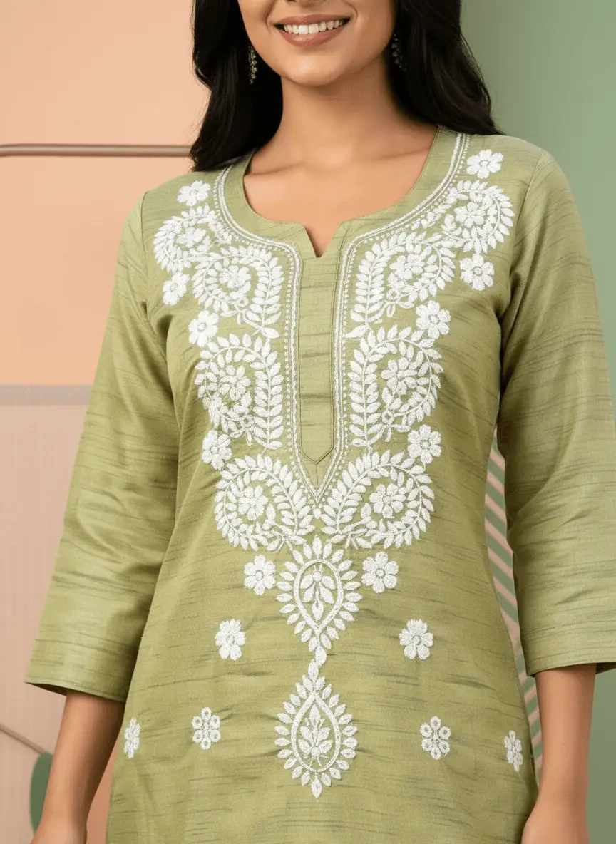 LCF Chikan Embroidered Kurti - Green view 3