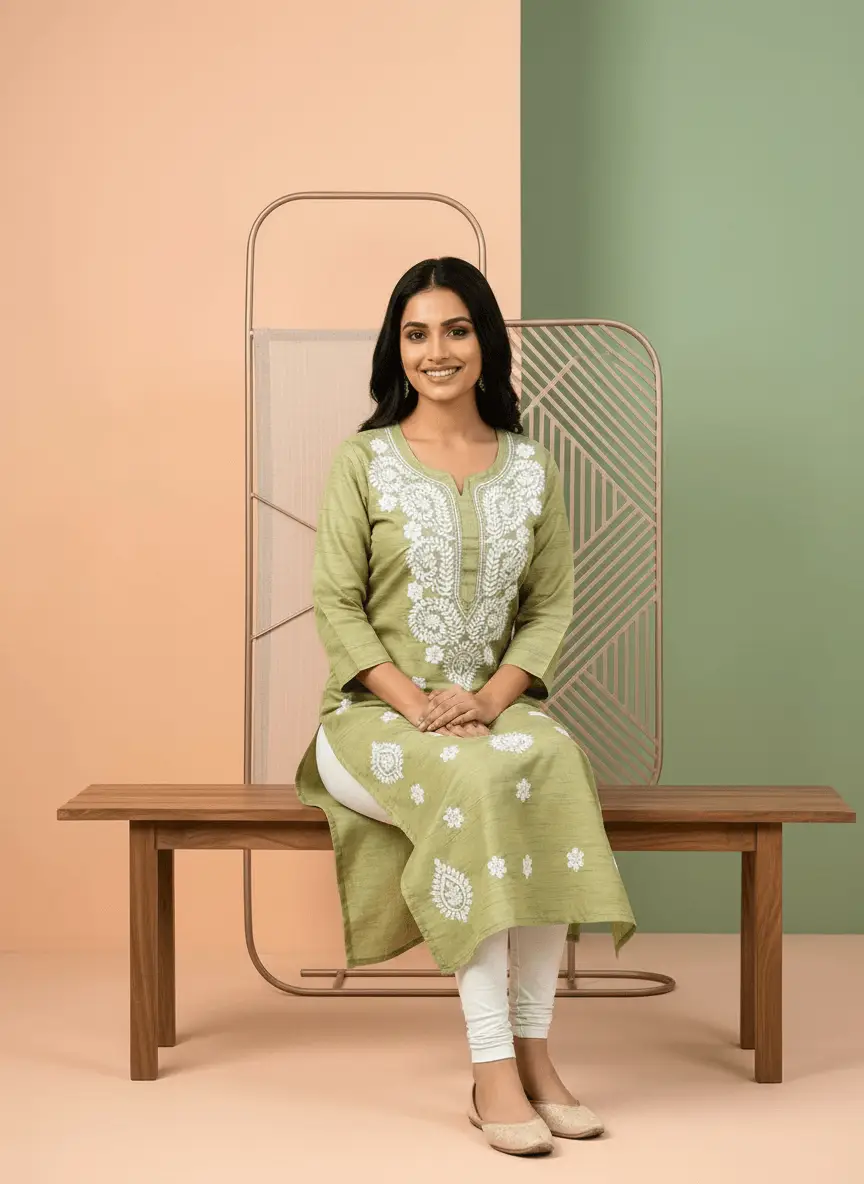 LCF Chikan Embroidered Kurti - Green view 4