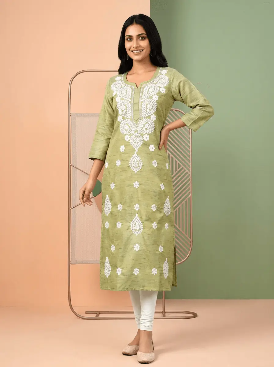 LCF Chikan Embroidered Kurti - Green view 5