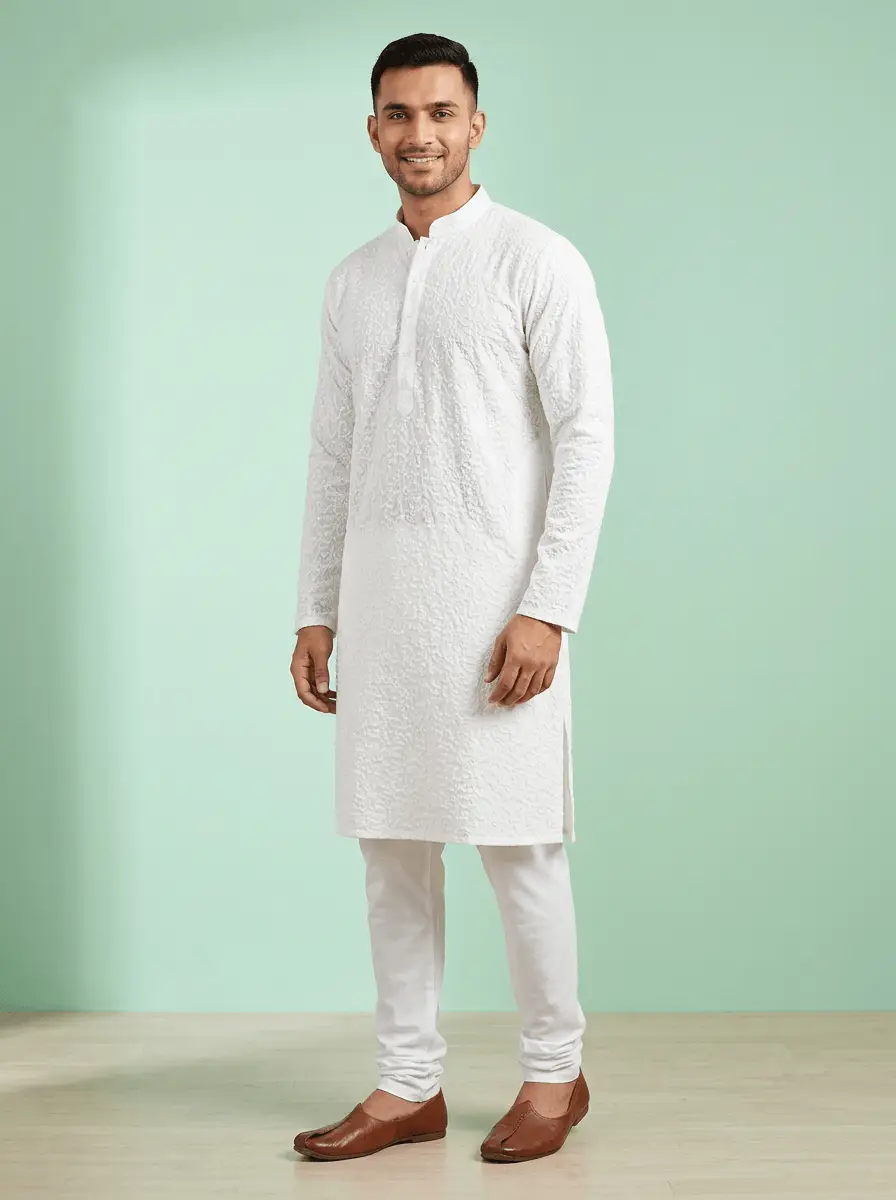 LCF White Textured Men Chikan Kurta