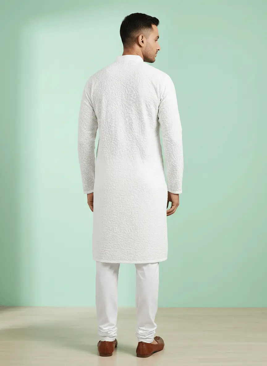 LCF White Textured Men Chikan Kurta view 2