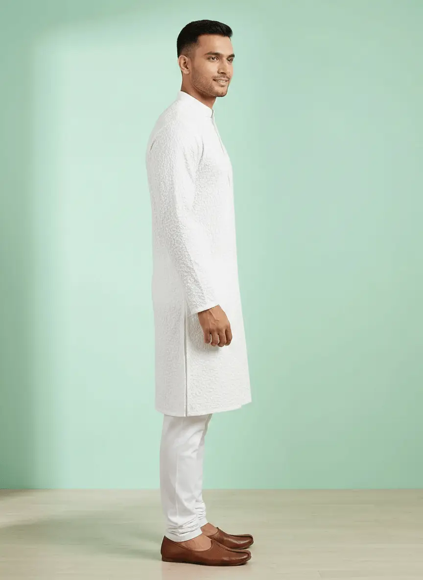 LCF White Textured Men Chikan Kurta view 3